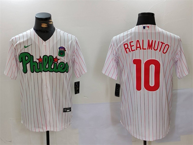 Men's Philadelphia Phillies #10 J.T. Realmuto White/Green Cool Base Stitched Jersey